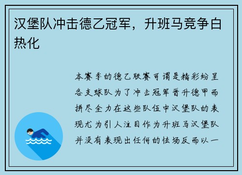 汉堡队冲击德乙冠军，升班马竞争白热化